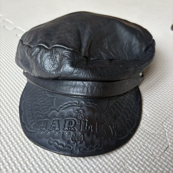 Vintage Harley Davidson Black Leather Biker Cap Embossed Brim Newsboy Hat Moto